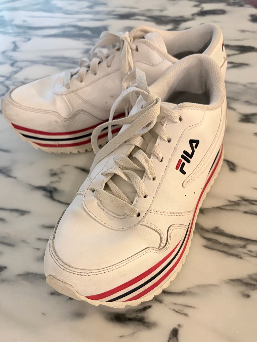 FILA White Platform Sneakers with Red & Navy Stripe Accents